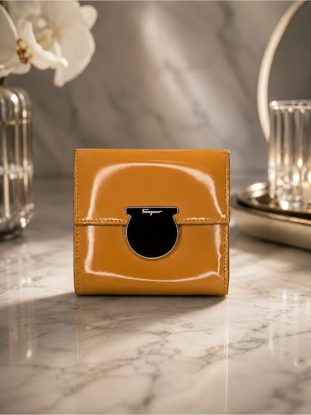 Salvatore Ferragamo Tan Patent Leather Gancini Trifold Wallet